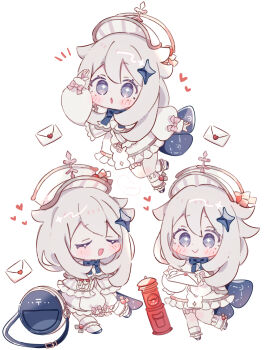 1girl :d :o absurdres arm_up black_shoes blue_bow blue_bowtie blue_eyes blush bow bowtie chibi chibi_only closed_eyes closed_mouth commentary_request dot_nose double-parted_bangs dress full_body genshin_impact grey_hair hat heart highres japanese_cylindrical_postbox koronothu letter long_hair long_sleeves looking_at_viewer multiple_views open_mouth paimon_(genshin_impact) pink_bow shoes simple_background sitting sleeve_bow smile socks sparkle_hair_ornament standing white_background white_dress white_hat white_socks