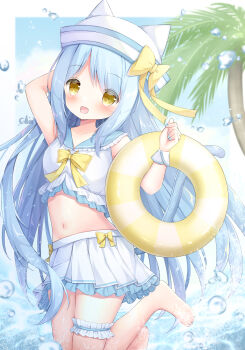 1girl absurdres animal_ears animal_hat arm_behind_head arm_up bad_tag barefoot blue_hair blue_nails blue_sailor_collar blush bow breasts brown_eyes cat_ears cat_tail crop_top fake_animal_ears frilled_thigh_strap hat hat_bow highres holding innertube long_hair nail_polish navel open_mouth original outdoors palm_tree pleated_skirt sailor_collar shirt skirt sleeveless sleeveless_shirt small_breasts smile solo swim_ring tail thigh_strap tree very_long_hair water water_drop white_hat white_shirt white_skirt wrist_cuffs yellow_bow yellow_eyes yuduki_pdx