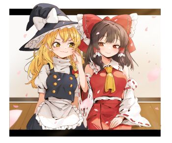 2girls ascot black_hat black_skirt black_vest blonde_hair bow braid brown_hair cheek_pull chinese_commentary closed_mouth commentary_request detached_sleeves falling_petals frilled_bow frilled_hair_tubes frills hair_bow hair_tubes hakurei_reimu hat hat_bow highres kirisame_marisa letterboxed long_hair multiple_girls petals pink_petals puffy_short_sleeves puffy_sleeves red_bow red_eyes red_skirt ribbon-trimmed_sleeves ribbon_trim short_sleeves side_braid single_braid sitting skirt skirt_set smile touhou vest wengcang_hefeng white_bow witch_hat yellow_ascot yellow_eyes
