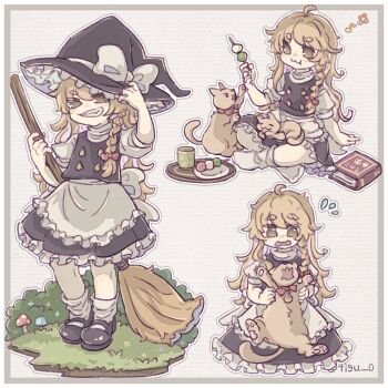 Rule 34 | 1girl, ahoge, animal, animal on lap, apron, armpit carry, back bow, black hat, black shoes, black skirt, black vest, blonde hair, book, bow, braid, broom, cat, chigu, closed mouth, commentary request, dango, dog, eating, food, frilled skirt, frills, grin, hair bow, hat, hat bow, highres, holding, holding broom, holding skewer, kirisame marisa, long hair, looking at viewer, mary janes, multiple views, mushroom, musical note, on lap, open mouth, sanshoku dango, shoes, short sleeves, side braid, single braid, skewer, skirt, smile, socks, touhou, very long hair, vest, wagashi, waist apron, white apron, white bow, white socks, witch hat, yellow eyes