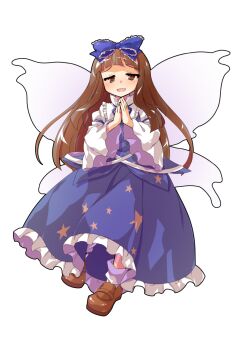 Rule 34 | 1girl, alphes (style), blue bow, blue ribbon, blue shirt, blue skirt, blunt bangs, blush, bow, brown eyes, brown hair, brown shoes, commentary request, commission, dairi, fairy, fairy wings, frilled bow, frilled skirt, frills, full body, hair bow, half-closed eyes, juliet sleeves, large variant set, loafers, long hair, long skirt, long sleeves, looking at viewer, open mouth, own hands together, parody, puffy sleeves, ribbon, shirt, shoes, simple background, skeb commission, skirt, skirt set, smile, solo, star sapphire, straight hair, style parody, tachi-e, touhou, transparent background, variant set, wide sleeves, wings