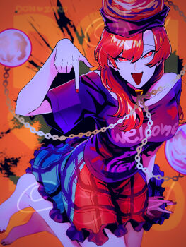 Rule 34 | 1girl, barefoot, black shirt, chain, clothes writing, commentary request, earth (ornament), eyes visible through hair, feet, gold chain, hecatia lapislazuli, highres, moon (ornament), multicolored skirt, nail polish, off-shoulder shirt, off shoulder, orange background, pointing, pointing down, raya (uk 0128), red eyes, red hair, red nails, shirt, skirt, solo, t-shirt, toenail polish, toenails, touhou, triangle mouth, tsurime