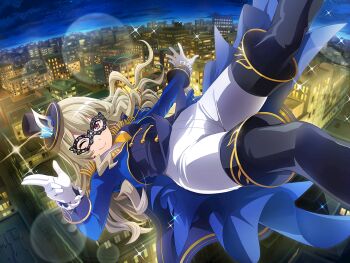 1girl black_pantyhose blue_hat blue_jacket blue_vest breasts city_lights cityscape closed_mouth epaulettes eye_mask frilled_sleeves frills game_cg gloves grey_hair hat jacket long_hair long_sleeves looking_at_viewer mask medium_breasts midair night official_art one_eye_closed outstretched_arm pantyhose purple_eyes saijou_claudine shorts shoujo_kageki_revue_starlight shoujo_kageki_revue_starlight_-re_live- smile solo sparkle tilted_headwear upper_body v-shaped_eyebrows vest waistcoat wavy_hair white_gloves white_shorts