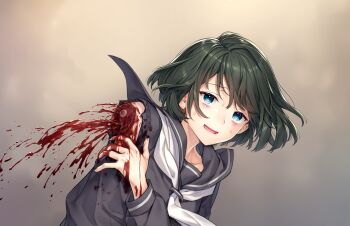 1girl bleeding blood blue_eyes game_cg green_hair guro highres injury kaguyuzu kuryo_nozomi nie_no_hakoniwa non-web_source open_mouth school_uniform serafuku severed_arm severed_limb short_hair smile solo sweat upper_body