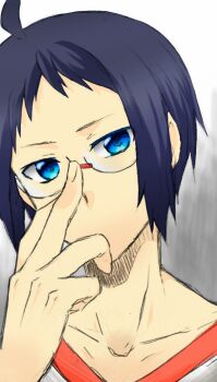 Rule 34 | 1boy, adjusting eyewear, ahoge, black hair, blue eyes, cheren (pokemon), collarbone, commentary request, grey background, ibispaint (medium), kaori kazuma, looking at viewer, male focus, nintendo, pokemon, pokemon bw, solo, two-tone background, upper body, white background