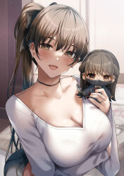 1girl arm_under_breasts black_bow black_choker black_mask blush bow breasts brown_eyes brown_hair character_doll choker cleavage collarbone commentary_request denim doll hair_bow highres holding holding_doll indoors konata_(kankin_jk) large_breasts long_hair looking_at_viewer mask mishiranu_joshikousei_ni_kankin_sareta_mangaka_no_hanashi mole mole_on_neck mouth_mask no_mask open_mouth ponytail ryouma_(galley) shirt smile solo upper_body white_shirt