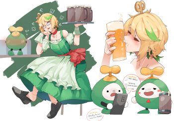 1girl absurdres alcohol beer beer_mug blonde_hair blush cecilia_immergold cellphone closed_eyes collarbone commentary cup doll_joints dress drunk english_commentary english_text eyelashes full_body green_dress green_hair head_rest highres holding holding_phone holding_tray hololive hololive_english joints kiss mug multiple_views off-shoulder_dress off_shoulder otomo_(cecilia_immergreen) phone rikuje semi-rimless_eyewear sitting smartphone tray under-rim_eyewear virtual_youtuber winding_key