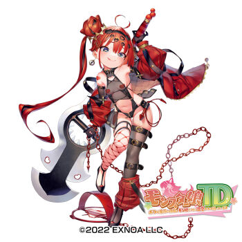 1girl :p antenna_hair asymmetrical_legwear bare_shoulders bear_trap blue_eyes breasts chain clothing_cutout commentary_request fishnet_thighhighs fishnets gloves hair_bun heart_pasties henreader holding holding_sword holding_weapon huge_weapon jacket leg_belt long_hair looking_at_viewer mismatched_legwear monster_musume_td navel navel_cutout official_art open_clothes open_jacket pasties red_hair side_ponytail small_breasts smile solo sword thighhighs tongue tongue_out weapon whip