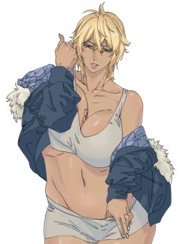 1girl bare_shoulders bleach blonde_hair breast_tattoo breasts collarbone colored_eyelashes dark-skinned_female dark_skin espada female_focus fur_trim green_eyes jacket large_breasts mattsun_(lyohei) medium_hair navel number_tattoo simple_background stomach tattoo tier_harribel white_background