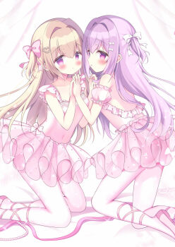 2girls azumi_kazuki bare_arms blush bow brown_hair collarbone commentary_request covered_navel curtains detached_sleeves frilled_leotard frills hair_between_eyes hair_bow hair_intakes highres holding_hands interlocked_fingers kneeling leotard multiple_girls original pantyhose parted_lips pink_bow pink_shoes pink_sleeves pleated_skirt puffy_short_sleeves puffy_sleeves purple_eyes purple_hair see-through_clothes see-through_skirt see-through_sleeves shoe_soles shoes short_sleeves skirt two_side_up white_bow white_leotard white_pantyhose