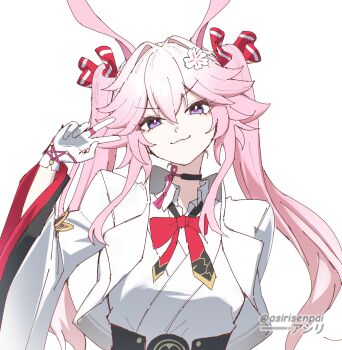 >:) 1girl :3 alternate_hairstyle animal_ears artist_name asiri_senpai black_choker choker commentary evanescia_(honkai:_star_rail) gloves hair_intakes hand_up head_tilt highres honkai:_star_rail honkai_(series) long_hair long_sleeves pink_hair purple_eyes shirt simple_background solo twintails upper_body v-shaped_eyebrows very_long_hair w white_background white_gloves white_shirt