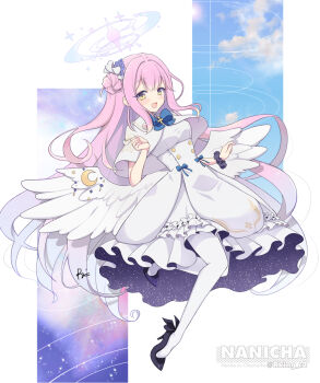1girl angel_wings aqua_hair blue_archive blue_bow blush bow breasts buttons capelet commentary_request crescent double-breasted dress feathered_wings flower frilled_dress frills gold_trim gradient_hair hair_bun hair_flower hair_ornament halo high_heels highres long_hair looking_at_viewer low_wings medium_breasts mika_(blue_archive) multicolored_hair open_mouth overskirt pantyhose pink_halo pumps r-king scrunchie single_hair_bun single_side_bun smile solo very_long_hair white_capelet white_overskirt white_pantyhose white_wings wing_ornament wings wrist_scrunchie yellow_eyes