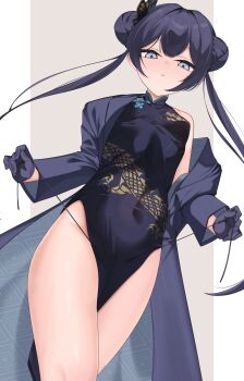 1girl absurdres black_gloves black_hair blue_archive braid braided_bun butterfly_hair_ornament china_dress chinese_clothes coat commentary_request covered_navel double_bun dragon_print dress gloves grey_eyes grey_halo hair_bun hair_ornament halo highres jacket kisaki_(blue_archive) looking_at_viewer panties pelvic_curtain pinstripe_jacket pinstripe_pattern print_dress side-tie_panties sim_(sim_dr1) solo striped_clothes striped_coat striped_jacket thighs underwear untied_panties vertical-striped_clothes vertical-striped_jacket