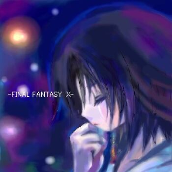 1girl artist_request bad_id brown_hair closed_eyes commentary_request copyright_name final_fantasy final_fantasy_x from_side hand_up jewelry lowres ring short_hair solo upper_body yuna_(ff10)