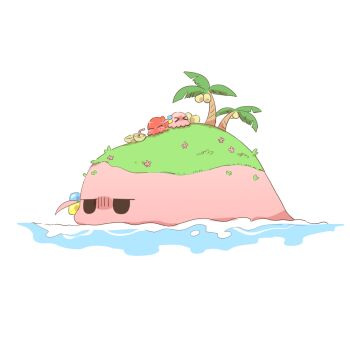 >_< ^_^ bocchi_the_rock! closed_eyes coconut_cup commentary_request cube_hair_ornament drinking_straw flower gotoh_hitori gotoh_hitori_(octopus) gotoh_hitori_(tsuchinoko) grass hair_ornament island kita_ikuyo no_humans ocean palm_tree rebecca_(keinelove) simple_background sparkle tree water white_background