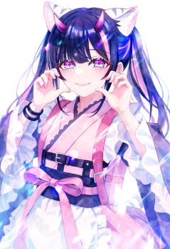 1boy akan817 animal_ears apron black_hair cho_kaguya-hime! closed_mouth commentary_request cowboy_shot crossdressing crossdressing_(mtf) eyelashes frilled_apron frilled_kimono frilled_sleeves frills hands_on_own_cheeks hands_on_own_face hands_up heart heart_cheeks heart_hands highres japanese_clothes kimono komazawa_noi long_hair long_sleeves looking_at_viewer male_focus multicolored_hair pink_kimono pink_lips pink_ribbon purple_eyes ribbon smile solo streaked_hair tiger_ears trap waist_apron white_apron white_background wide_sleeves