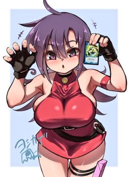 1girl bare_shoulders blue_background breasts card dress duel_masters holding holding_card large_breasts microdress purple_eyes purple_hair red_dress simple_background solo tasogare_mimi yoshikage_(yo4kage)