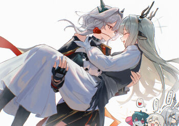 +++ 2girls :d ^_^ absurdres alina_(arknights) animal_ears antlers arknights black_dress black_gloves black_pantyhose black_vest blush carrying carrying_person chibi closed_eyes commentary_request dress face-to-face fingerless_gloves flower gloves grey_eyes grey_hair hair_between_eyes hair_intakes hand_on_another&#039;s_shoulder happy heart highres horns inset laughing light_blush long_hair long_sleeves looking_at_another medium_hair mouth_hold multiple_girls open_mouth pantyhose princess_carry profile red_flower red_rose request_inset rose smile talulah_(arknights) talulah_the_fighter_(arknights) uof vest white_background white_dress yuri