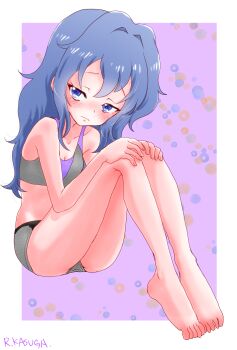 1girl bikini blue_eyes blue_hair blush breasts cleavage closed_mouth collarbone dot_nose embarrassed female_focus from_side full_body grey_bikini hagi_(kunoichi_tsubaki_no_mune_no_uchi) hands_on_own_knees highres knees_up kunoichi_tsubaki_no_mune_no_uchi legs_together loli long_hair looking_at_viewer looking_to_the_side matching_hair/eyes multicolored_bikini nervous purple_background purple_bikini rurito0725 sideways_glance simple_background small_breasts solo swimsuit turning_head two-tone_background two-tone_bikini wavy_hair wavy_mouth white_background