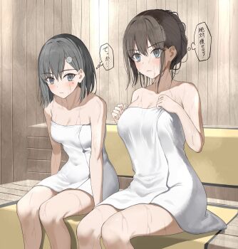 2girls black_hair blush breasts brown_hair highres japanese_text kureha_(ironika) large_breasts looking_at_another medium_breasts multiple_girls original short_hair sitting sweatdrop towel twitter wet