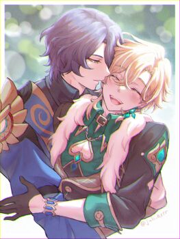 Rule 34 | 2boys, :d, aventurine (honkai: star rail), belt collar, black gloves, blonde hair, blue hair, blush, bracelet, cleavage cutout, closed eyes, clothing cutout, collar, collared shirt, dr. ratio (honkai: star rail), earrings, fur scarf, gloves, happy, highres, honkai: star rail, honkai (series), hug, imminent kiss, jewelry, juli hstr, male focus, mask on shoulder, multiple boys, neck tattoo, open mouth, outdoors, pectoral cleavage, pectorals, shirt, short hair, smile, tattoo, yaoi