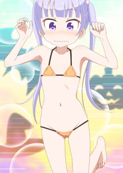 Rule 34 | 1girl, anime coloring, barefoot, bat symbol, bikini, blunt bangs, blush, cameltoe, embarrassed, feet, female focus, flat chest, halloween, highres, jack-o'-lantern, lowleg, lowleg bikini, micro bikini, navel, new game!, ogyadya, orange bikini, purple eyes, purple hair, solo, standing, standing on one leg, suzukaze aoba, swimsuit, toes, twintails, wavy mouth