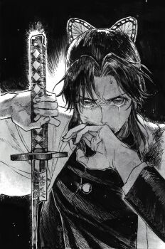1girl belt bug butterfly butterfly_hair_ornament commentary demon_slayer_uniform flower hair_ornament haori highres holding holding_sword holding_weapon insect japanese_clothes katana kimetsu_no_yaiba kochou_shinobu monochrome solo sword symbol-only_commentary weapon white_belt wisteria yuyu452261486
