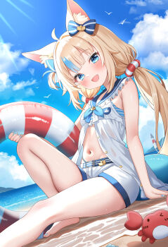 1girl :d animal_ear_fluff animal_ears barefoot beach blonde_hair blue_bow blue_eyes blue_nails blue_streaks bow breasts cat_ears commentary crab day dress ear_bow english_commentary highres holding holding_swim_ring indie_virtual_youtuber innertube kaniki_(sameko_saba) lifebuoy_hair_ornament lokyin_house looking_at_viewer nail_polish navel open_mouth outdoors sailor_dress sameko_saba sand short_shorts shorts small_breasts smile solo swim_ring toenail_polish toenails virtual_youtuber white_dress white_shorts