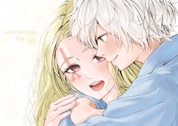 1boy 1girl absurdres birthmark blonde_hair blush closed_mouth commentary_request gabimaru happy_birthday highres husband_and_wife japanese_clothes jigokuraku kyonoshikou red_eyes simple_background smile white_hair yellow_eyes yui_(jigokuraku)
