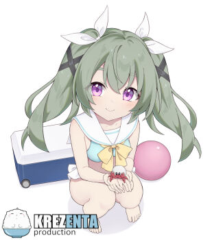 1girl alternate_costume animal artist_name blue_sailor_collar blush bow breasts cooler corin_wickes green_hair hair_between_eyes hair_bow hermit_crab highres holding holding_animal krezenta long_hair looking_at_viewer purple_eyes sailor_collar simple_background small_breasts smile solo squatting swimsuit twintails white_background white_bow zenless_zone_zero