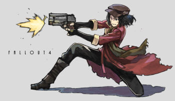 1girl black_boots black_gloves black_hair black_pantyhose boots brown_eyes brown_hat coat copyright_name fallout fallout_4 fingerless_gloves firing from_side full_body gloves green_scarf grey_background gun handgun hat highres holding holding_gun holding_weapon kneeling muzzle_flash newsboy_cap one_eye_closed pantyhose piper_wright red_coat rumie scarf shadow short_hair solo three-quarter_sleeves torn_clothes torn_coat torn_scarf weapon wince