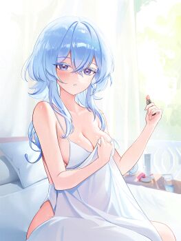 1girl adversarial_noise alternate_costume bare_shoulders blue_hair blush breasts chuvi_y cleavage collarbone colored_eyelashes commentary_request cosmetics hair_between_eyes highres holding holding_lipstick_tube indoors korean_commentary large_breasts lipstick_tube looking_at_viewer on_bed parted_lips purple_eyes shorekeeper_(wuthering_waves) solo strap_slip under_covers wuthering_waves