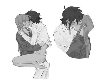 2girls blush bottomless chinese_commentary clothes_lift collared_shirt commentary greyscale hand_under_clothes hand_under_shirt highres jiguang_haibao kiss koishikawa_iko long_hair long_sleeves momijiyama_teru monochrome multiple_girls parted_lips pussy_juice shirt shirt_lift short_hair shy_(series) sitting sitting_on_lap sitting_on_person sweat yuri