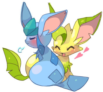 :3 :d =_= ^_^ animal_couple animal_focus blush closed_eyes commentary_request couple frown full_body gen_4_pokemon glaceon heart leafeon nintendo no_humans open_mouth pokemon pokemon_(creature) pokemon_focus simple_background sitting smile suppainu tsundere white_background