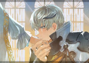 Rule 34 | 2boys, armor, closed mouth, commentary request, eyelashes, frilled sleeves, frills, grey eyes, grey hair, hand grab, high collar, highres, horns, ki kuru kuru, kiss, kissing hand, long sleeves, male focus, metaphor: refantazio, multiple boys, out of frame, pauldrons, popped collar, profile, protagonist (metaphor: refantazio), short hair, shoulder armor, smile, strohl (metaphor: refantazio), watermark, window