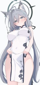 1girl absurdres animal_ear_fluff animal_ears blue_archive breasts china_dress chinese_clothes dress extra_ears grey_hair halo highres large_breasts long_hair nui_(nuinui0300) pelvic_curtain shiroko_terror_(blue_archive) solo variant_set wolf_ears