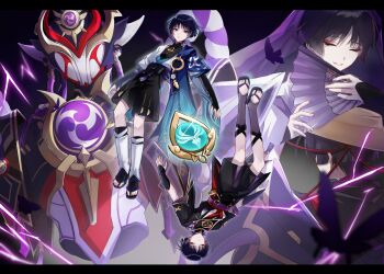 4boys absurdres anemo_symbol_(genshin_impact) aqua_gemstone armor arms_at_sides belt black_belt black_bodysuit black_bow black_bridal_gauntlets black_hair black_kimono black_sandals black_shorts blue_cape blue_kimono blue_sleeves blunt_ends bodysuit bow bridal_gauntlets brown_hat bug butterfly cape closed_eyes closed_mouth clothing_cutout ego_(ego_inp) eyeliner eyeshadow facing_away facing_down facing_up feathers fingernails folding_fan furisode gem genshin_impact glint gold hakama hakama_shorts hand_fan hat highres holding holding_fan ichimegasa insect japanese_armor japanese_clothes jewelry juban kariginu kimono kote kurokote kuronushi_(genshin_impact) layered_shorts layered_sleeves leg_warmers looking_to_the_side makeup mandarin_collar mecha middle_ring mitsudomoe_(shape) monochrome_background multiple_boys multiple_persona neck_ring open_clothes open_kimono parted_lips pleated_shorts pom_pom_(clothes) purple_electricity purple_rope purple_sash purple_shorts purple_veil red_eyeliner red_eyeshadow red_kimono red_sash red_sleeves robot rope sandals sash scaramouche_(genshin_impact) scaramouche_(kabukimono)_(genshin_impact) scaramouche_(shouki_no_kami)_(genshin_impact) shimenawa short_sleeves shorts shoulder_cutout shoulder_peek smile tassel toenails toes tomoe_(symbol) tsurime upside-down veil vision_(genshin_impact) wanderer_(genshin_impact) white_kimono white_mouth white_rope white_sleeves white_trim wispy_bangs yellow_feathers zouri