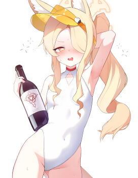 1girl absurdres animal_ear_fluff animal_ears arm_behind_head arm_up armpits bare_arms bare_shoulders blonde_hair blue_archive bottle breasts bright_pupils clothing_cutout covered_navel cross_halo diamond_cutout drooling drunk fox_ears fox_girl fox_tail gluteal_fold hair_over_one_eye half-closed_eyes halo highleg highleg_one-piece_swimsuit highres hijo loli long_hair long_sidelocks looking_at_viewer no_eyewear no_jacket official_alternate_costume official_alternate_hairstyle one-piece_swimsuit one_eye_covered open_mouth orange-tinted_eyewear orange_eyes seia_(blue_archive) seia_(swimsuit)_(blue_archive) side_ponytail sidelocks simple_background small_breasts smile solo standing sunglasses sweat swimsuit tail thighs tinted_eyewear trinity_general_school_logo underage_drinking very_long_hair visor_cap white_background white_one-piece_swimsuit white_pupils wine_bottle yellow_halo yellow_visor