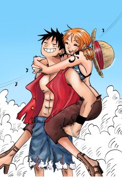 1boy 1girl bikini bikini_top_only black_hair carrying carrying_person closed_eyes cloud couple grin happy high_heels highres monkey_d._luffy nami_(one_piece) nami_(one_piece)_(skypiea) namixkawaii one_piece open_clothes open_shirt orange_hair pants piggyback short_hair shorts skypiea smile swimsuit twintails