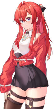 1girl absurdres ange_katrina ange_katrina_(2nd_costume) arm_behind_back black_bow black_shorts blue_eyes blush bow breasts brown_thighhighs closed_mouth collared_halterneck commentary_request cowboy_shot gold_necklace gradient_eyes hair_between_eyes hair_bow hair_intakes halter_shirt halterneck hand_on_own_thigh high-waist_shorts highres jacket jewelry legwear_garter lips long_hair long_sidelocks looking_at_viewer multicolored_eyes necklace nijisanji off_shoulder open_clothes open_jacket pleated_shorts ponytail purple_eyes red_hair red_jacket shirt shirt_tucked_in short_shorts shorts sidelocks simple_background sleeves_past_wrists small_breasts smile thick_thighs thighhighs thighs viet_(yomi0556) virtual_youtuber white_background white_shirt