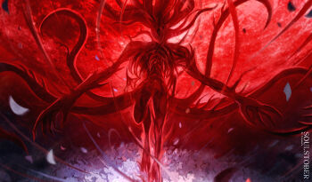 1other absurdres ambiguous_gender artist_name bloodborne commentary eldritch_abomination english_commentary highres hole_in_face monster moon moon_presence_(bloodborne) other_focus petals red_moon temmaru1 tentacles