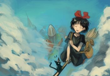 1girl above_clouds absurdres bag black_dress black_hair blue_sky bread building child closed_eyes cloud dress falling_food food from_above hair_ribbon handbag highres kiki_(majo_no_takkyuubin) kornod loaf_of_bread majo_no_takkyuubin medium_hair red_ribbon ribbon short_sleeves sky solo