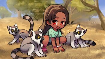 1girl aged_down animal black_shorts blue_shirt bracelet brown_hair child commentary_request grass jewelry kotorai lemur long_hair looking_at_animal miary_zo mole mole_under_eye official_art open_mouth outdoors red_eyes ring-tailed_lemur sandals shirt short_sleeves shorts squatting tan tekken tekken_8 tree
