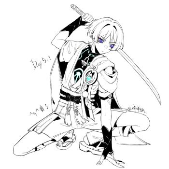 1boy ^_^ ^q^ aqua_gemstone armor belt blunt_ends bodysuit bow bridal_legwear bright_pupils cape closed_eyes closed_mouth expressionless eyeliner eyeshadow feathers furisode gem genshin_impact glowing_gem glowing_markings gold_ring hair_intakes hakama hakama_shorts hand_on_ground hand_up holding holding_sword holding_weapon japanese_armor japanese_clothes katana kimono kote layered_sleeves looking_to_the_side makeup male_focus mandarin_collar middle_ring mohu_116 partially_colored pleated_shorts pom_pom_(clothes) purple_eyes pussy_juice red_eyeliner red_eyeshadow rope sandals sash scaramouche_(genshin_impact) short_sleeves shorts shoulder_peek solo squatting stirrup_legwear sword tassel toeless_legwear toes translation_request tsurime twitter_username vision_(genshin_impact) wanderer_(genshin_impact) weapon white_pupils wispy_bangs zouri