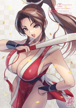 1girl :d breasts brown_eyes brown_hair cherry_blossom_print cleavage commentary_request confetti dress ema_(emaura) fatal_fury floral_print hand_fan hand_on_own_hip high_ponytail highres holding holding_fan japanese_clothes large_breasts long_hair looking_at_viewer motoyui open_mouth pelvic_curtain ponytail red_dress shiranui_mai smile solo the_king_of_fighters very_long_hair
