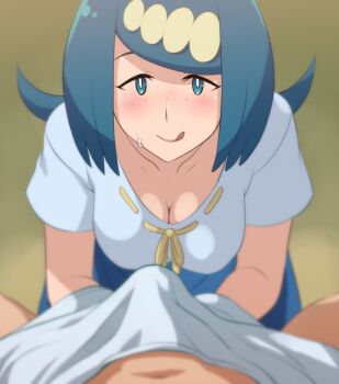 1boy 1girl animated animated_gif blue_eyes blue_hair blush breasts cleavage ero_kaeru freckles implied_handjob lana's_mother_(pokemon) large_breasts long_hair looking_at_viewer mature_female medium_breasts nintendo pokemon pokemon_(anime) pokemon_sm_(anime) pov smile sweat tongue tongue_out