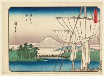 19th_century 3others ando_hiroshige blue_sky boat cloud fine_art_parody gradient_sky grass highres hill japan japanese_text landscape mount_fuji mountain multiple_others nihonga oar ocean original outdoors parody rowing sail scenery sky thirty-six_views_of_mount_fuji_(hiroshige) traditional_media translation_request tree ukiyo-e volcano water watercraft