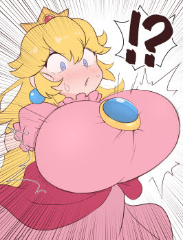 !? 1girl :o ^^^ absurdres alternate_breast_size_(larger) blonde_hair blue_eyes blush breast_expansion breasts brooch commentary_request constricted_pupils crown dress earrings elbow_gloves emphasis_lines frilled_dress frills gigantic_breasts gloves hair_between_eyes highres jewelry kurachi_mizuki long_hair looking_down mario_(series) motion_lines nintendo open_mouth pink_dress princess_peach puffy_short_sleeves puffy_sleeves red_sash sash short_sleeves simple_background solo sweatdrop upper_body v-shaped_eyebrows white_background white_gloves