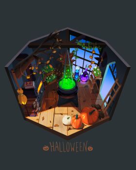autumn_leaves boiling book bookmark branch broom cauldron commentary_request firewood flask floorplan flower flower_basket glowing grey_background halloween hat highres indoors jack-o'-lantern ladder leaf log no_humans original oven plant potted_plant pourelise pumpkin scenery simple_background white_flower window witch_hat wooden_floor