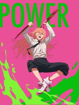 absurdres arms_up black_pants chainsaw_man highres holding holding_knife jumping knife liquid long_hair necktie non-web_source official_art original_nasu pants pink_background pink_hair power_(chainsaw_man) sharp_teeth shirt sugiyama_kazutaka teeth white_shirt